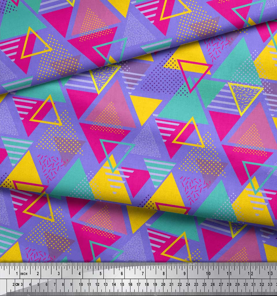 Soimoi Black Japan Crepe Satin Fabric Triangle Art Geometric Print Fabric by the Metre 42 Inch