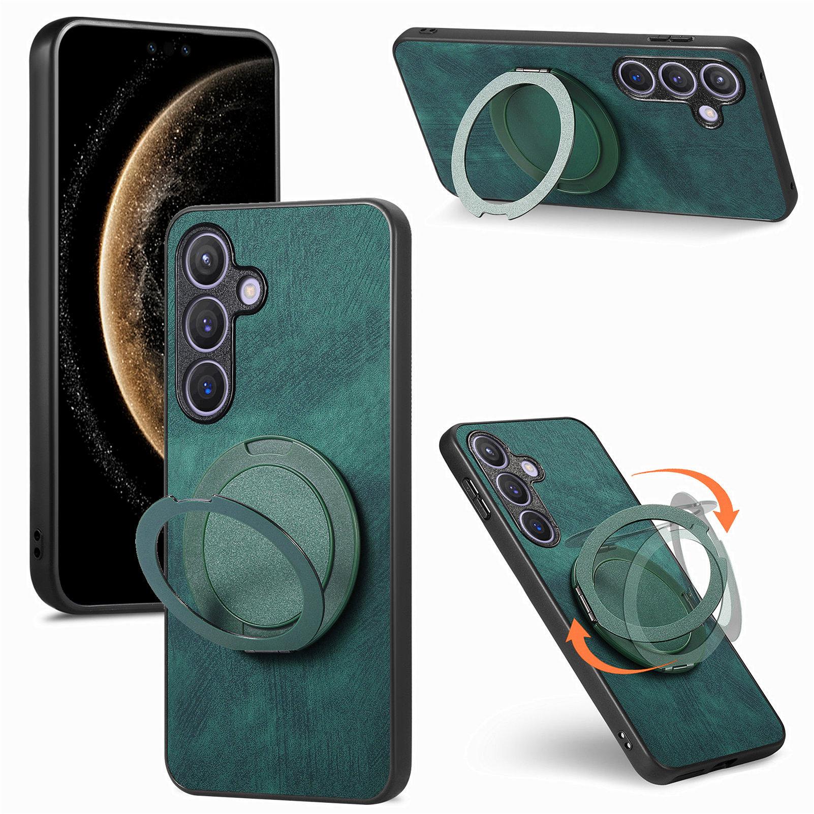 

For Samsung Galaxy A26 5G Phone Case with Rotating Kickstand Stress Relief Retro Leather Back Cover Green