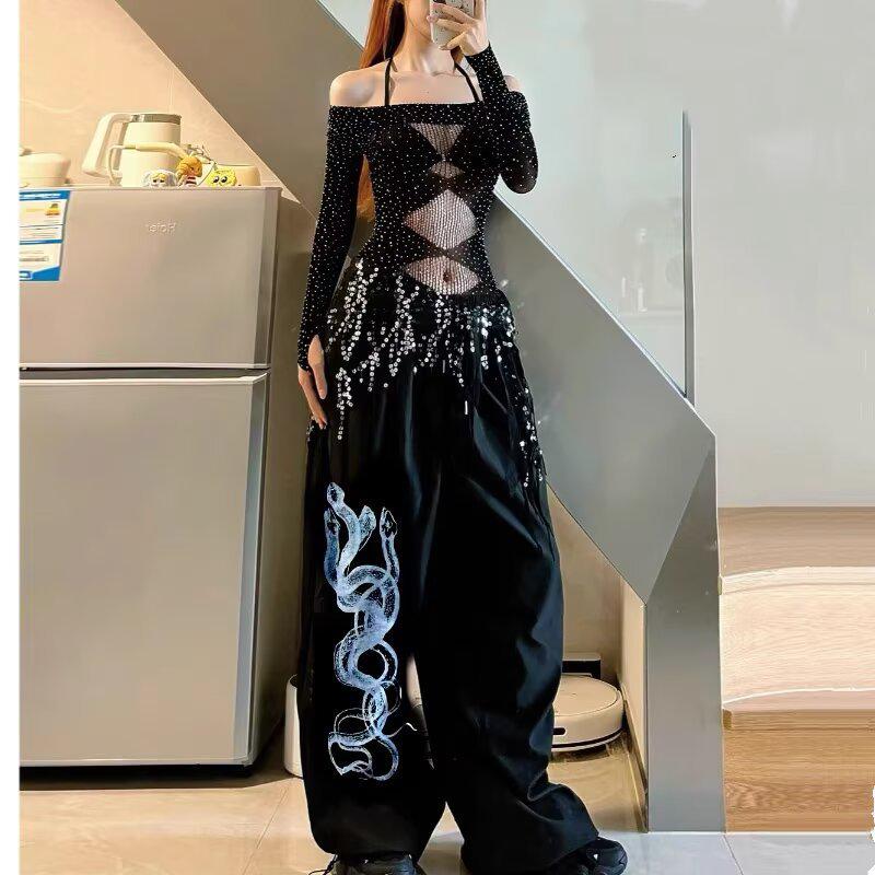 Amerikanische Freizeit-Jogginghose mit Jazz-Print und Strasssteinen: Hip-Hop-Tanzhose mit weitem Bein