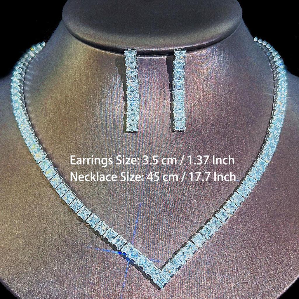 CMM 2Pcs Simple Wedding Jewelry Set Square AAA Cubic Zirconia V Shape Choker Necklace Earrings for Women