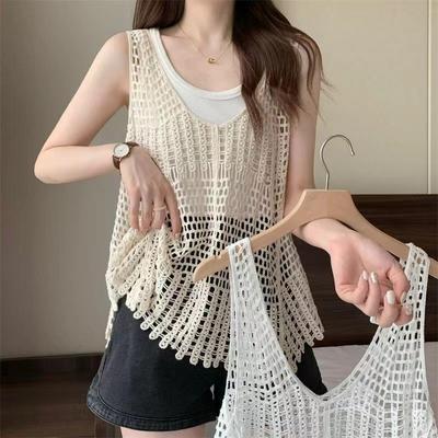 Boho Crochet Tank Top for Women Open-knit Sleeveless Crop Top Cover Up Knitwear Vacation Bohemian Summer Outfit