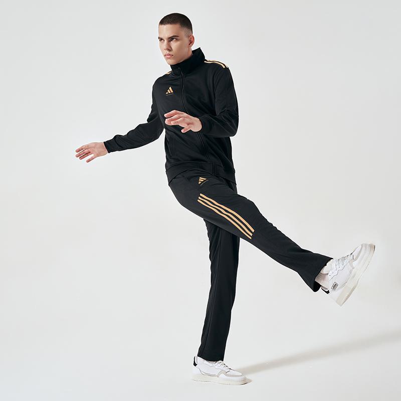 Adidas Striped Color Block Logo Stand Collar Long Sleeve Straight Leg Pants Casual Sports Suit Unisex Suit Black Gold TR90JT-BG+TR90PT-BG