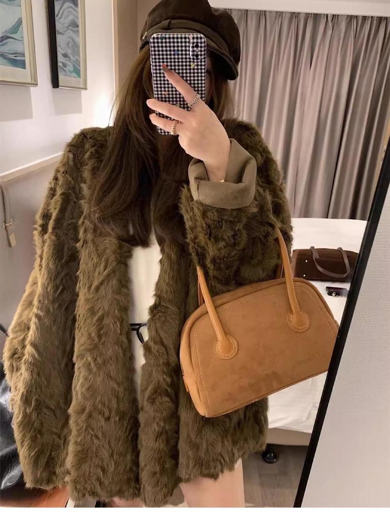 Damen Mittellanger Faux Nerz Wildleder Mantel - Wintergefärbte Spitze Lässiger Stil Übermantel