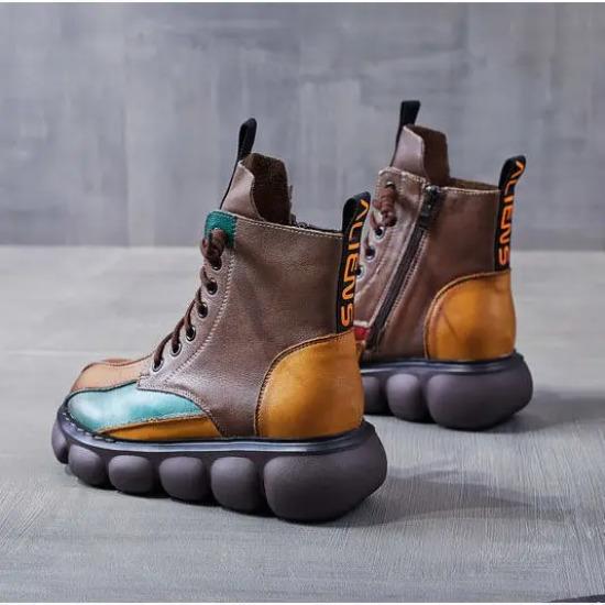 Autumn Mixed Color Shoes Women Boot  Fashion Round Toe Lace Up Retro Handmade Casual Platform Ankle Boots Ladies Short Boots