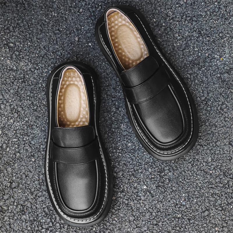 Spring 2024 Round Toe Leather Slip-on Shoes with Thick Sole - British Style, Low Heel, Casual Business Fashion (Model 96599-J)