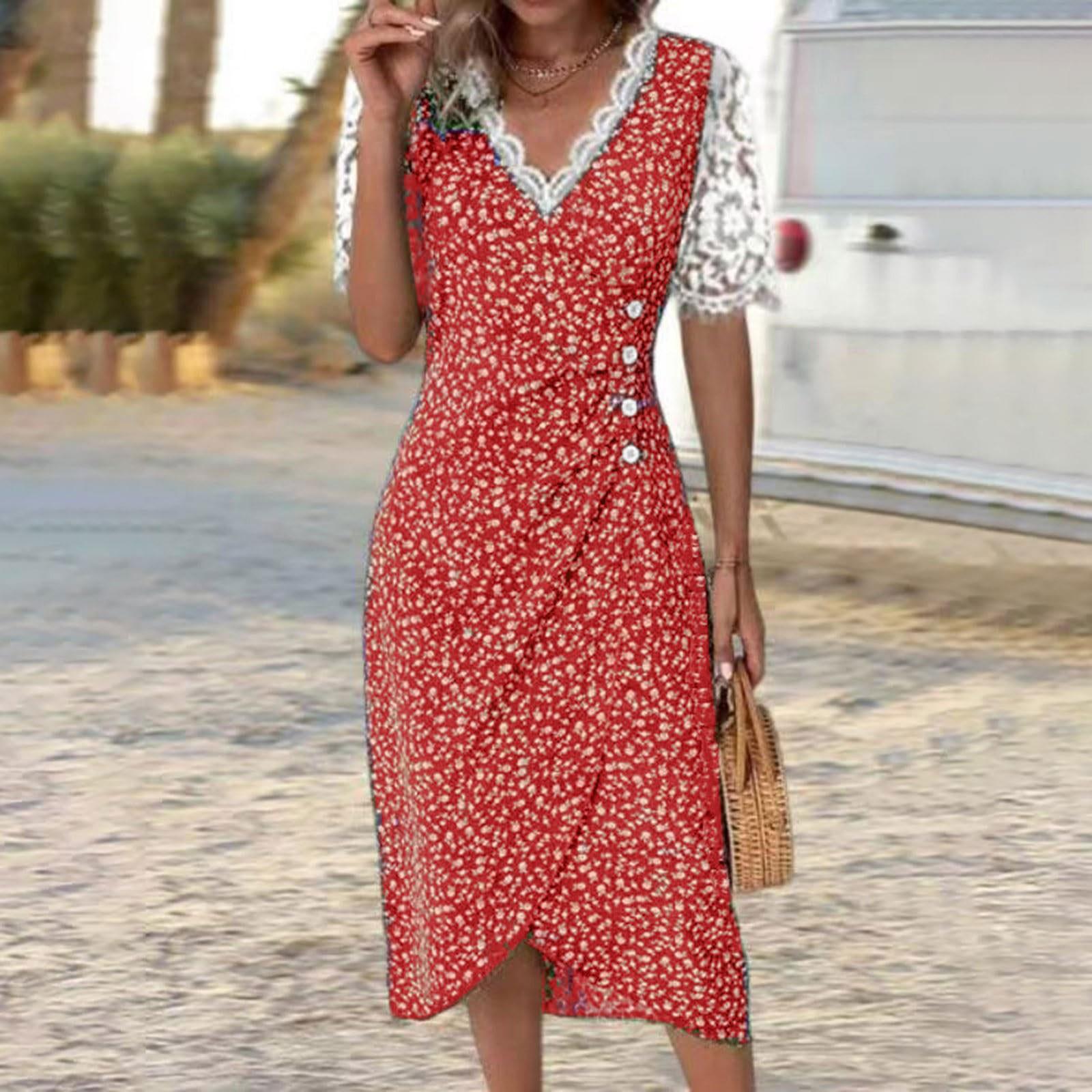 

Пляжні сукні для жінок, модна весна-літо, елегантна сукня в стилі бохо з V-подібним вирізом і квітковими принтами, гавайська максі-сукня з рюшами L червоний