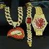 Red Sexy Lip Bite Hip Hop Gold Plated Zircon Alloy Creative Pendant Necklace with Bracelet Watch and Fashion Chains Gift Box Set