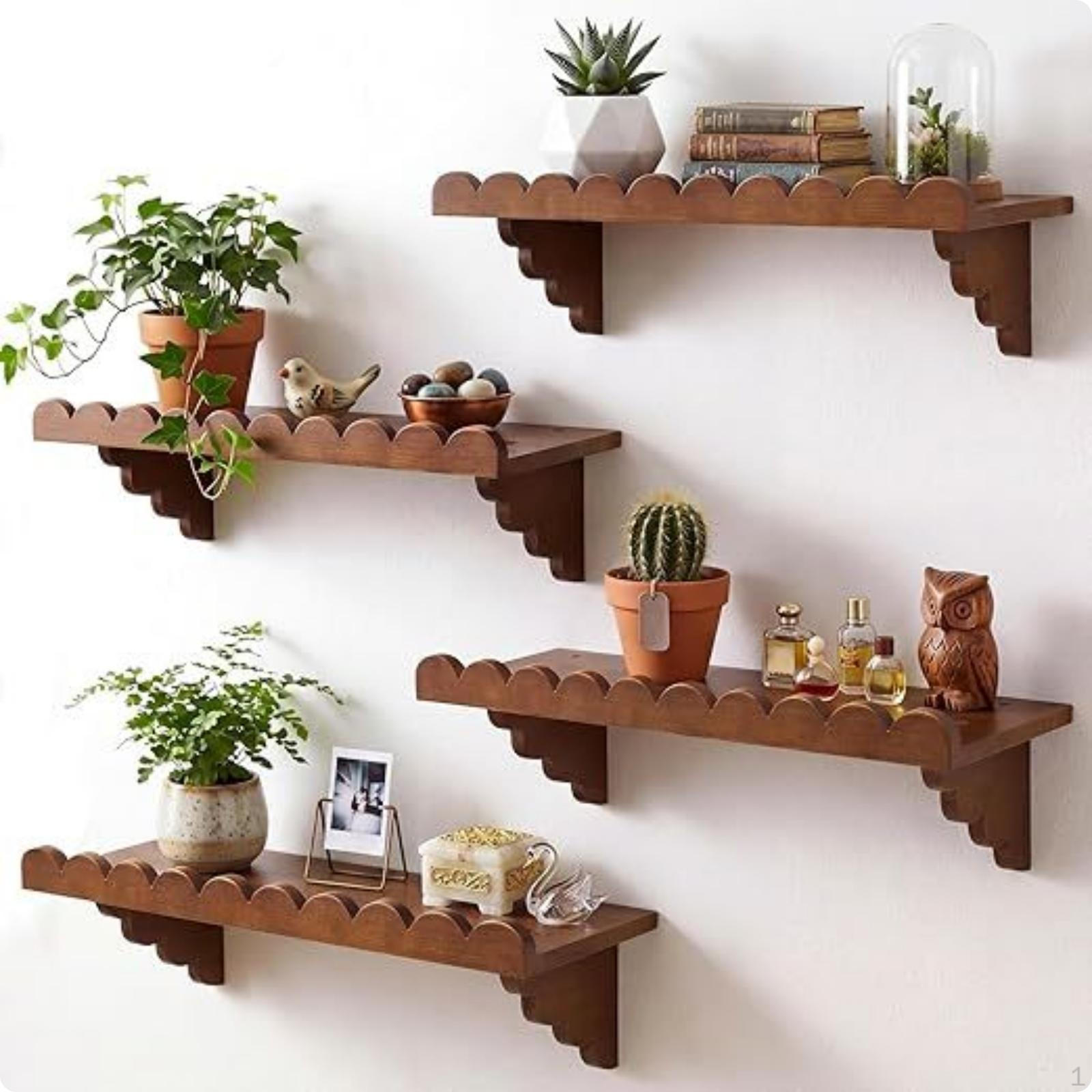 4 Pieces Shelf Warm Brown Finish Wavy Wall Decorative Affixed to Bookshelf