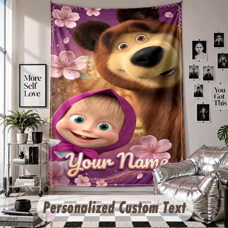 Wall Hanging Tapestry With Custom Name & Text, Masha and the Bear Decorative Tapestry For Bedroom