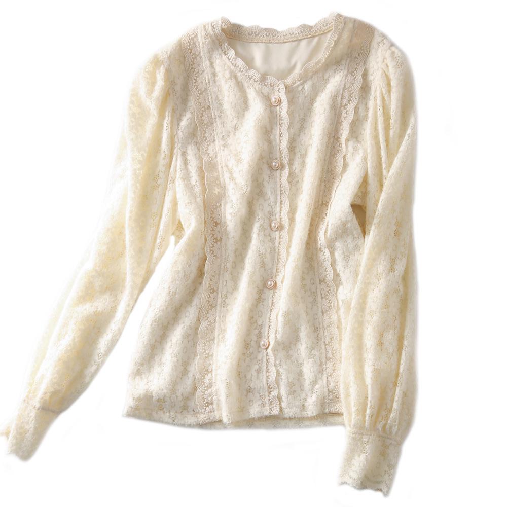 Women's French Lace Lantern Sleeve Top: Autumn/Winter Brushed Crochet Hollow-Out Shirt