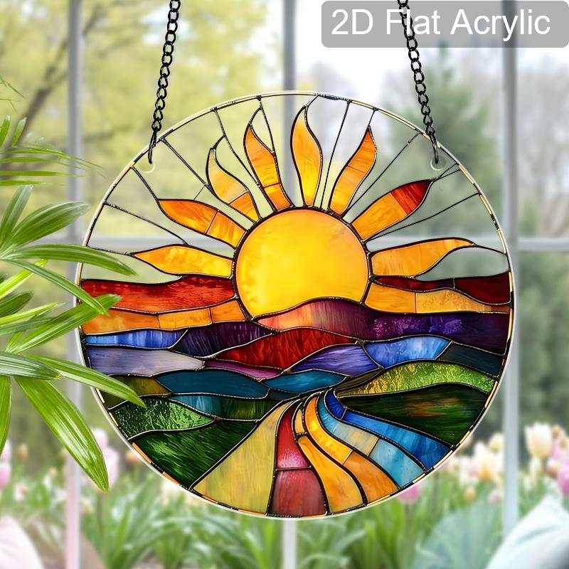 Acryl Zonsondergang Landschap Zonenvanger Glas-in-lood Effect Raamhanger Ornament Natuur Decor