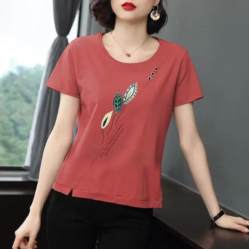 Women's Casual Short Sleeve T-Shirt Leaf Print Crew Neck Soft Cotton Top for Middle-Aged