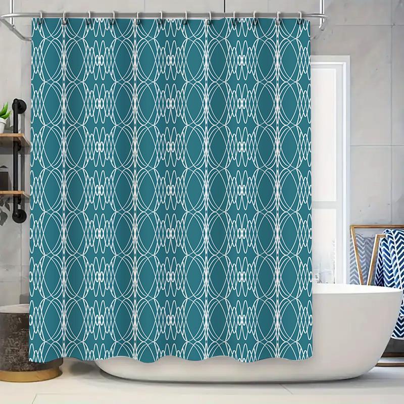

Blue White Geometric Shower Curtain Waterproof, Non-Toxic Bath Accessories Set For Home Decoration (180X240Cm) W60H190(CM)-1 Pcs