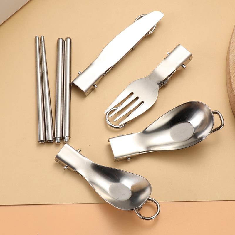 Portable Stainless Steel Camping Cutlery Set: Fork, Spoon, Chopsticks, Folding Yuanbao Spoon, Alloy Fork