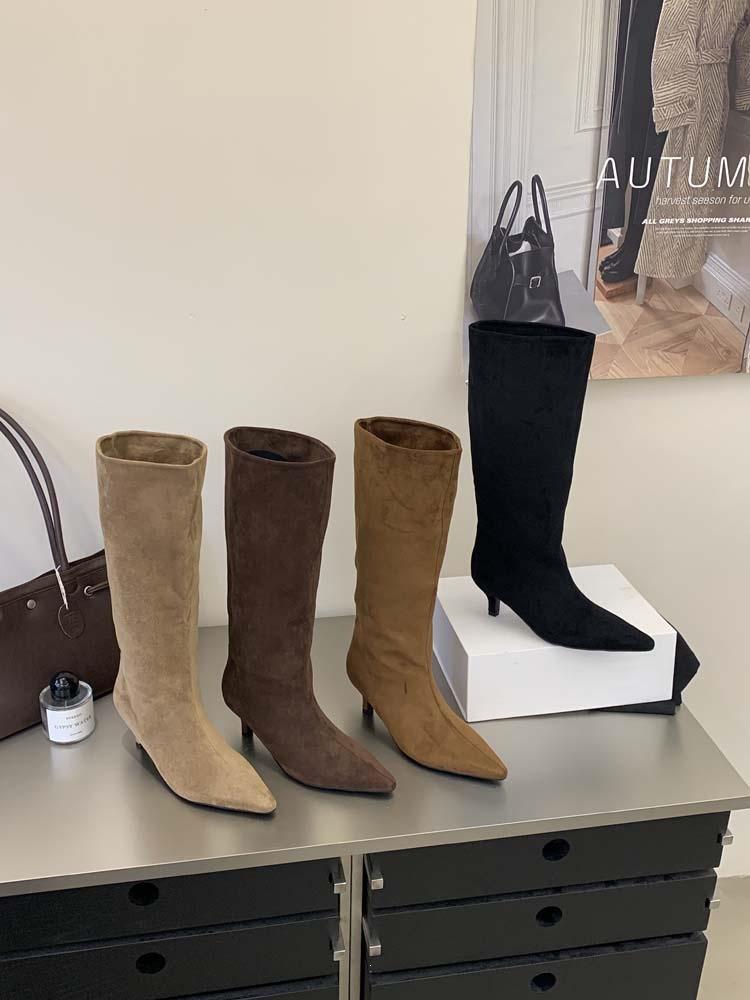 Long boots suede pointed high heels piled boots autumn and winter retro temperament commuting but knee sleeve boots with skirt