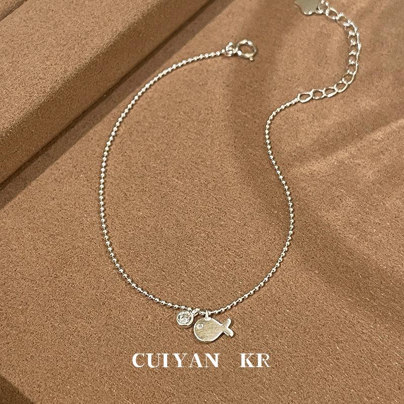 Cui Yan S925 Sterling Silver Korean Fish Round Diamond Bracelet – Women's Stackable Plain Silver Jewelry, Best Friend Gift.