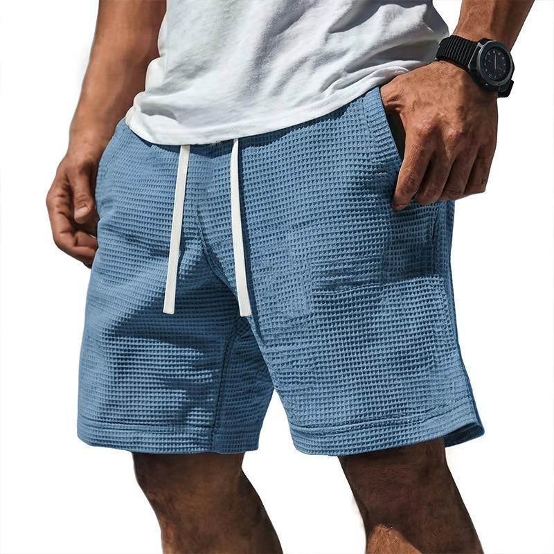 Mens Solid Color Waffle Drawstring Pockets Casual Straight Summer Shorts