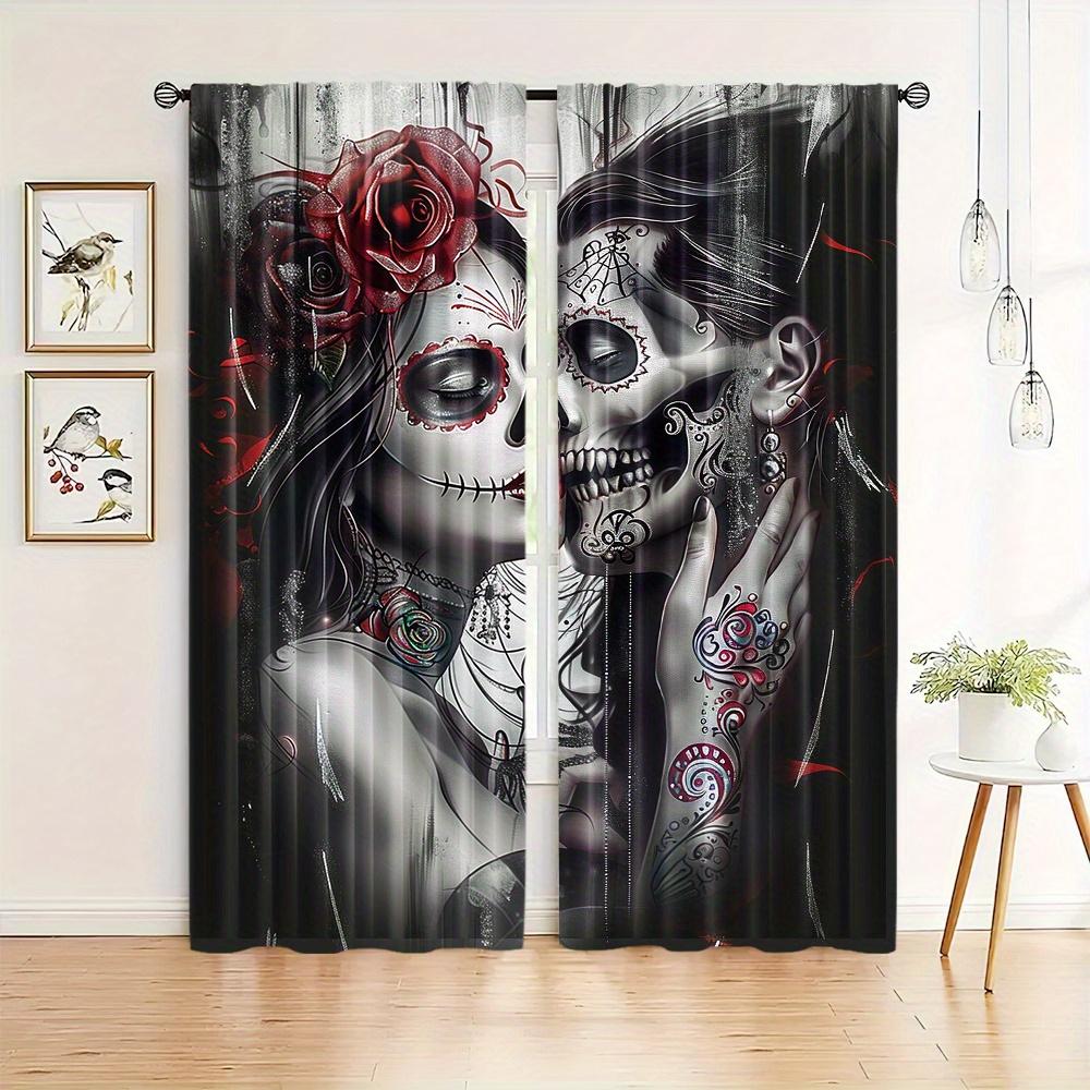 2pcs Halloween Red Rose Gothic Skeleton Rod Pocket Curtain For Living Room Bedroom Office Child Room Decor Study Coffee Shop