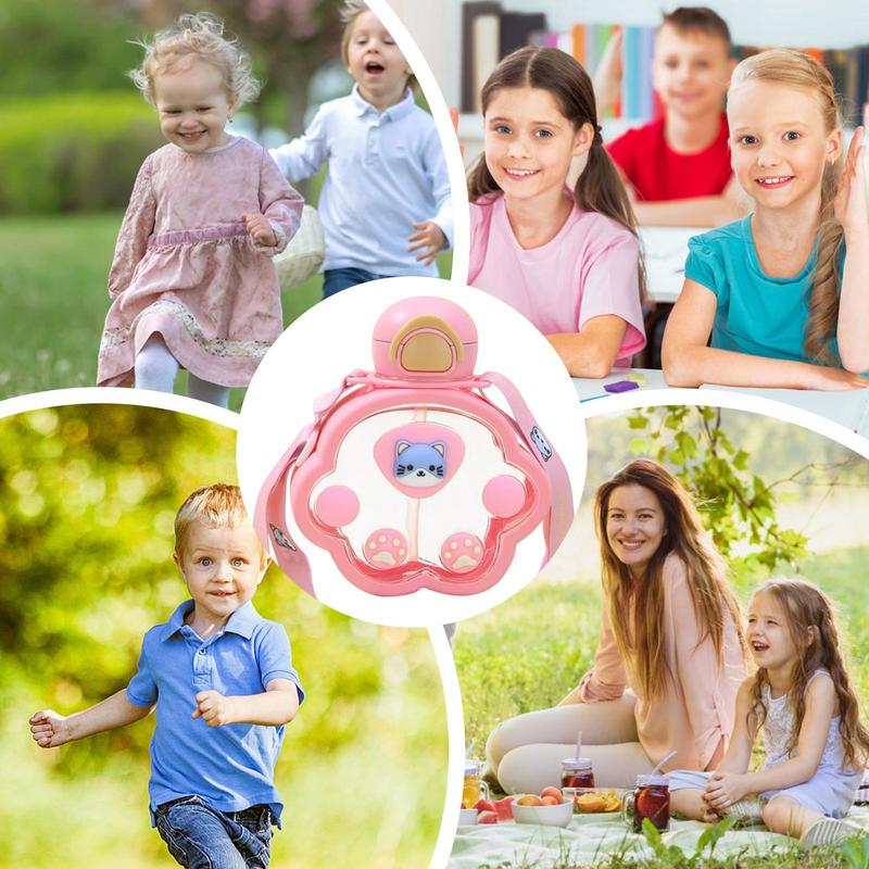 Cute Water Bottle With Straw 0.67oz Cat Paw Design Children Drinking Cup Large Capacity Shoulder Strap Leakproof Kettle For
