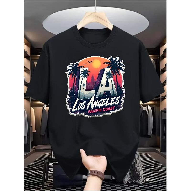 European Size LA Afterglow Men'S Casual Digital Print T-Shirt - Made Of, Featuring a Round Neck, Short Sleeves, Street Hip-Hop Style