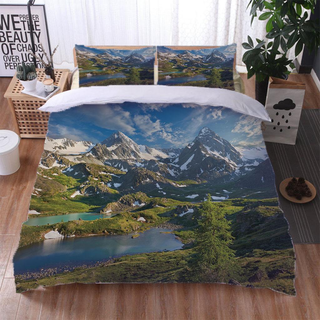 King Size Bedding Set 3D White Snowy Mountain Landscape Duvet Cover Comforter Bedclothes Children Kid Boy Bed Birthday Gift