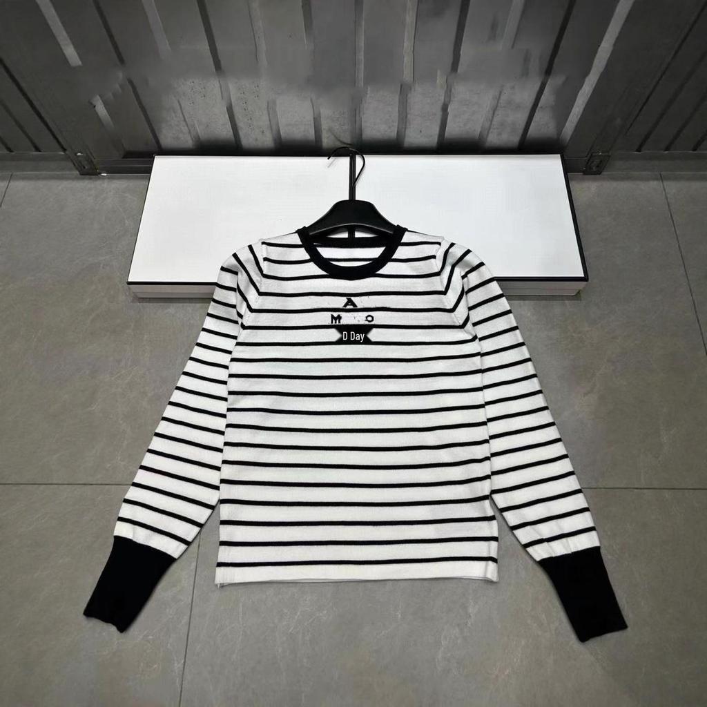 Pu Jia 2025 Fall/Winter Letter Jacquard Stripe Knit Pullover, Round Neck, Long Sleeve, Age-Reducing Versatile Top