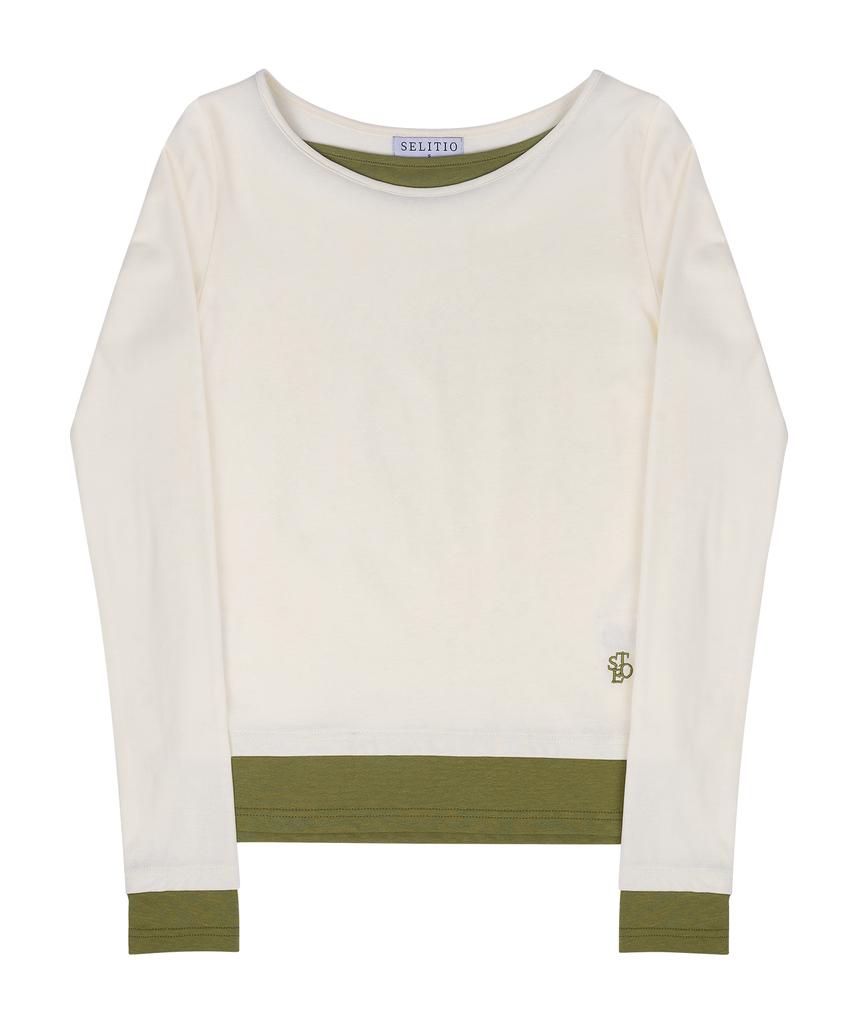 SELITIO Color Block Layered Long Sleeve T-Shirt Beige