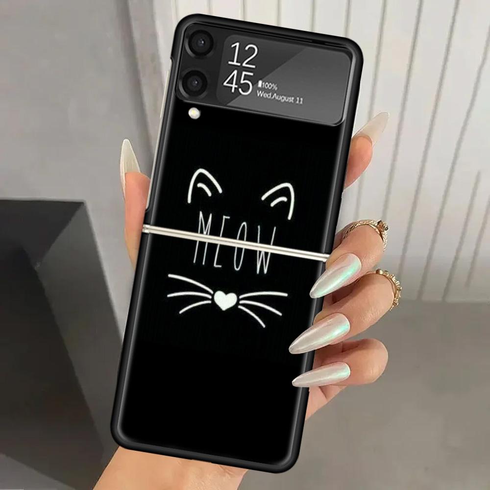Cat Cute Kitten Cartoon Hard PC Phone Case For Samsung Galaxy Z Flip 7 6 5 4 3 Black ZFlip7 ZFlip6 Flip5 Flip4 Flip3 5G Print Co