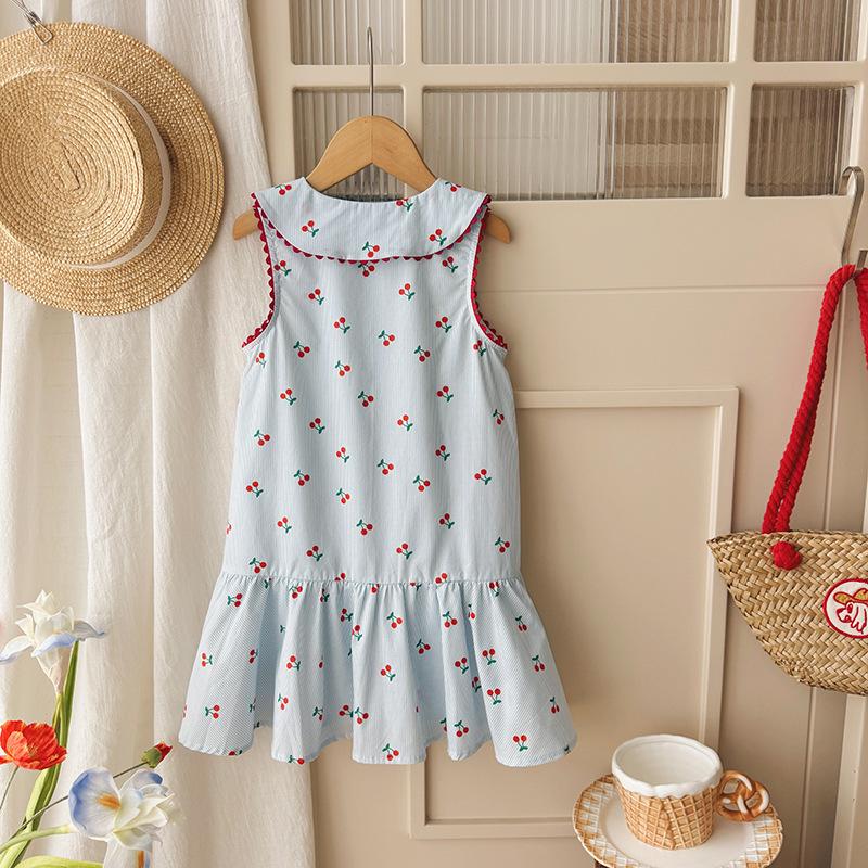 French Cherry Print Dolls Collar Lace Summer Pinafore Dress for Girls