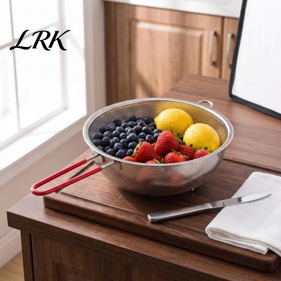 Easy Clean Food Colander Stainless Steel Rice Washing Basket, Red Handle Fine Kitchen Drain Basket Mesh Strainer, Heat-Insulating for Fruit Vegetable