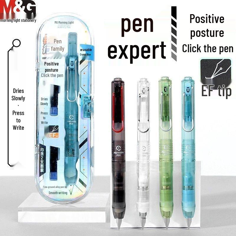 Morning Light P2766 Click Fountain Pen: Press-Type, Alloy Nib, EF Nib, Erasable, Student Posture Correction, Gift Box Black Ink Set (Random Pen Barrel)
