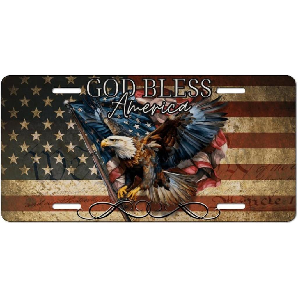 God Bless America License Plate – American Flag With Bald Eagle Patriotic Front Plate For Car, Truck, SUV – Durable Aluminum USA Auto Accessory
