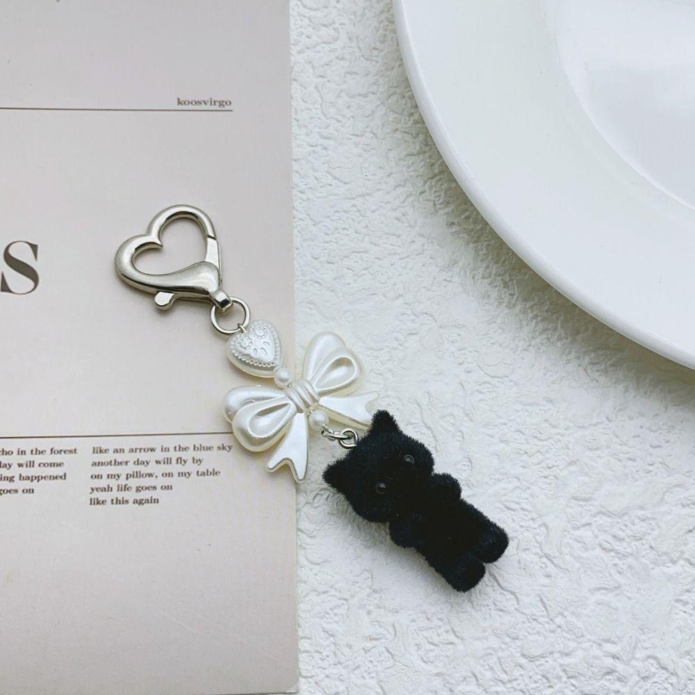 Fashion Cat Pendant Keychain Flocking Animals Pendant Key Chain Heart Bow Shaped Key Ring  Women