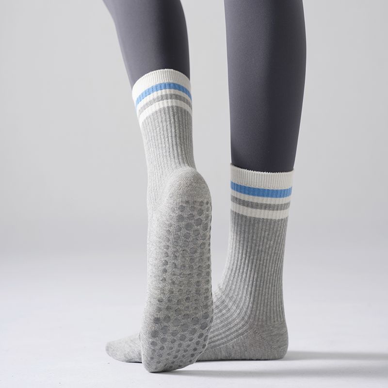 

Yoga Socks Non Slip Professional Women s Knee Socks round Head Stripes Calf Fitness Exercise Pilates Floor Special Cotton Socks Light gray