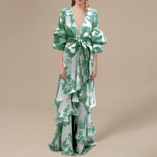 Long Dress Deep V Neck Lace-up Tight Waist Flowy Splicing Irregular Hem Ruffle