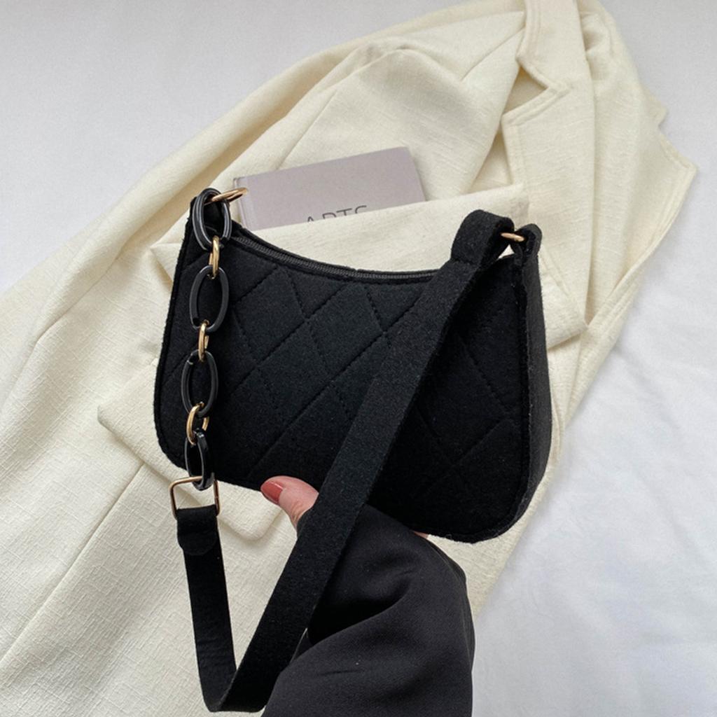 Fashion Women's Minimalist Felt Handbag - Lightweight Diamond Quilted Shoulder Bag with Half-Chain Strap Zipper For Daily Use