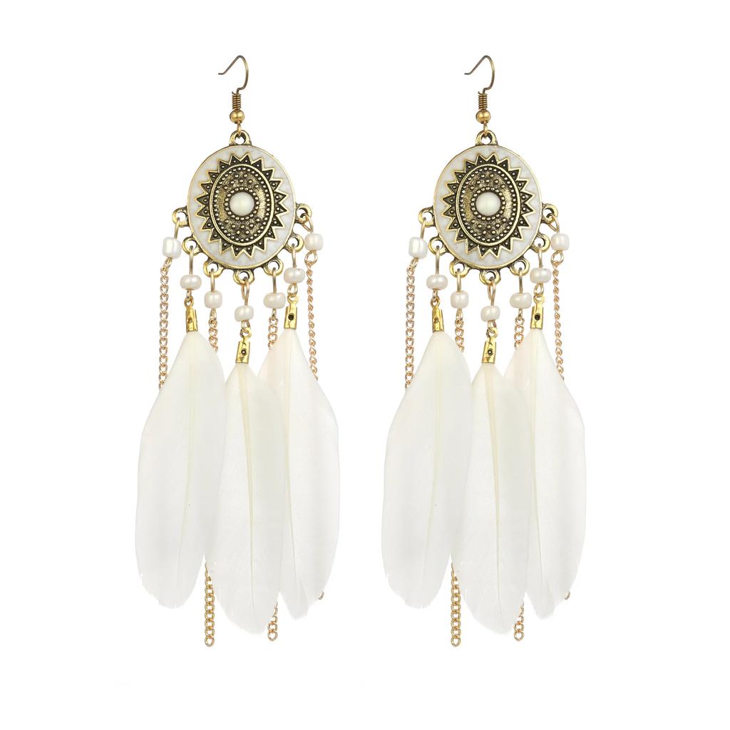 Ethnic Colorful Feather Tassel Earrings For Women Long Chain Beads Drop Dangling Earrings Girls Vintage Jewelry Accessories