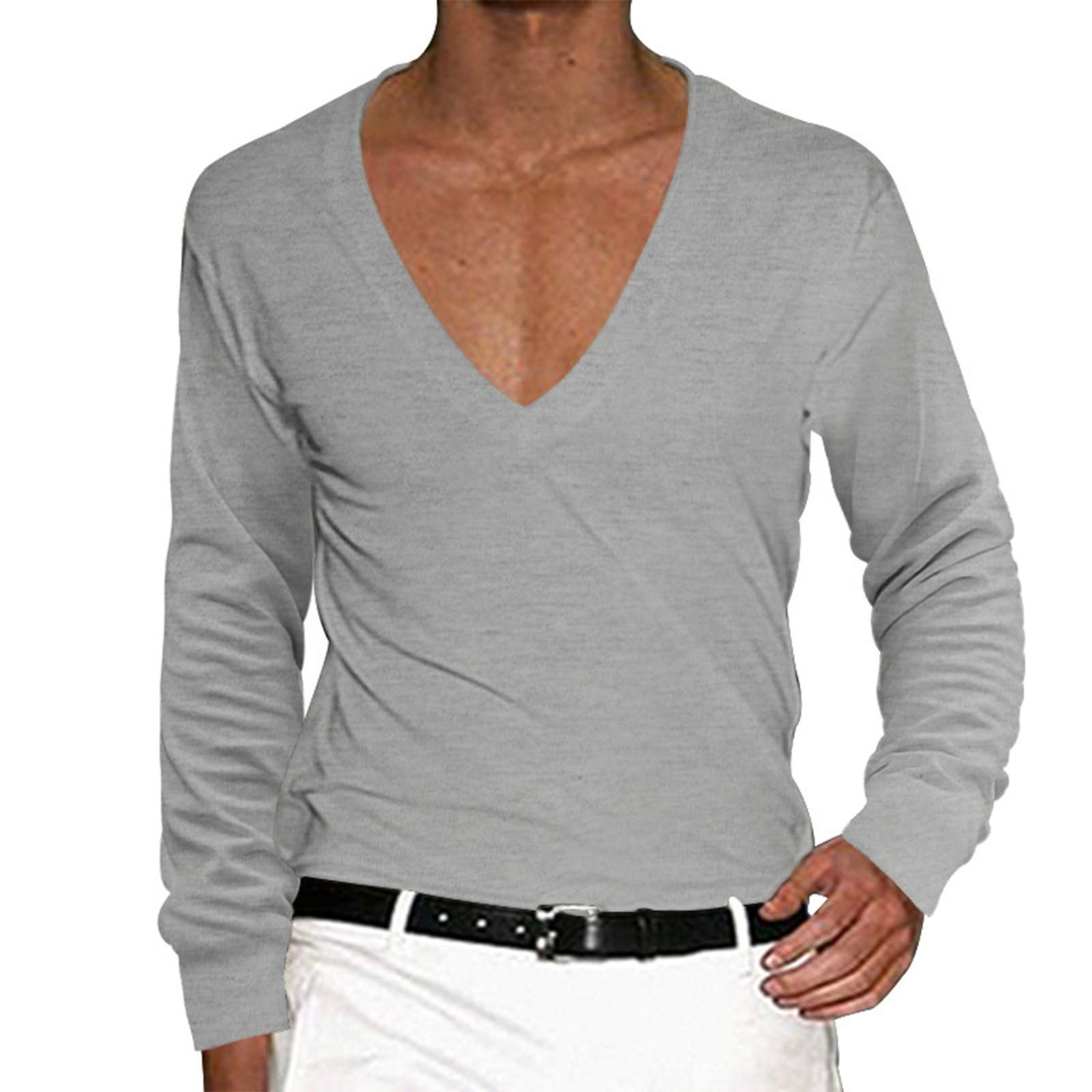 

Мужские осенние повседневные однотонные топы с V-образным вырезом и длинными рукавами футболки L светло-серый
