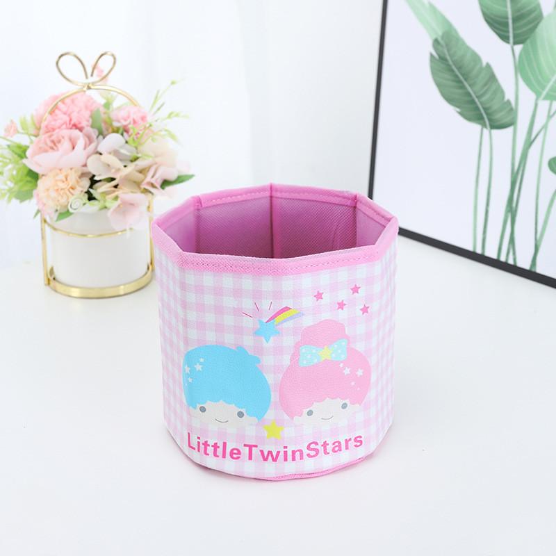 Pu Cartoon Grid Round Storage Bin With Foldable Design For Desk Organization And Office Use