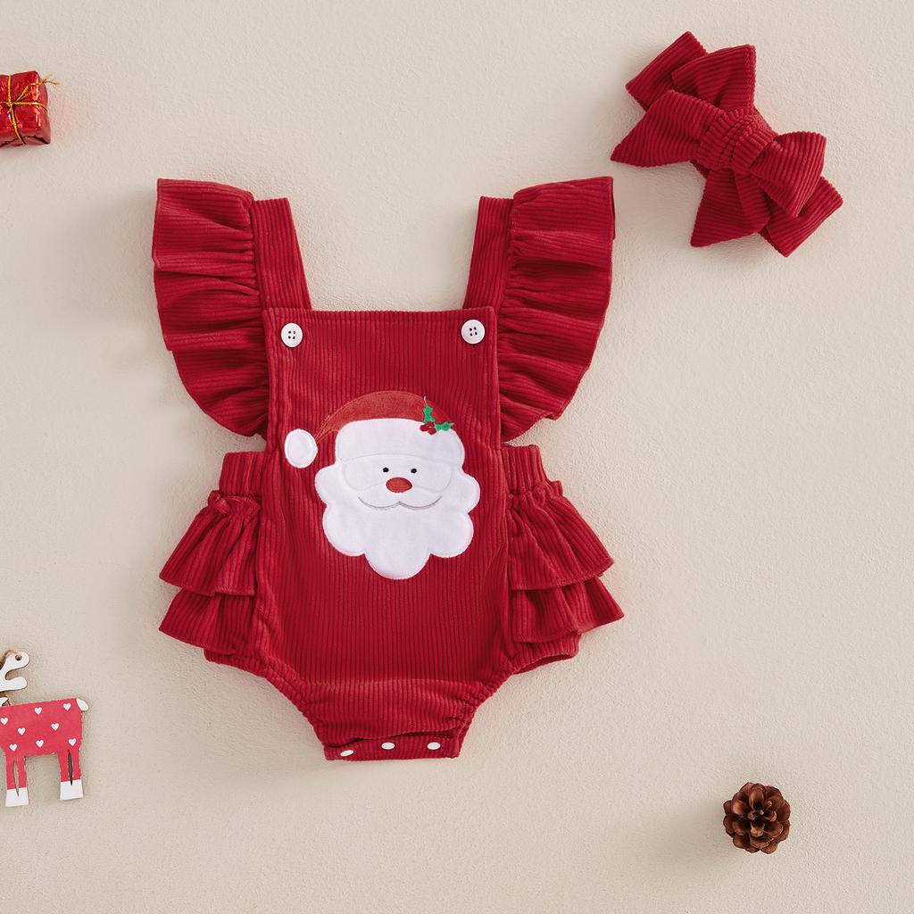 Baby Girl Overalls Romper Christmas Tree/Santa Embroidered Sleeveless Square Neck Corduroy Jumpsuits Headband