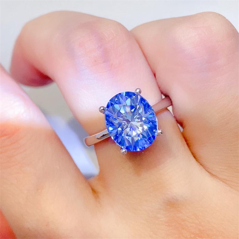 Blue 5 Carat Oval Pigeon s Egg Moissanite Ring - European & American Luxury Micro-inlaid Women s Design Size 20