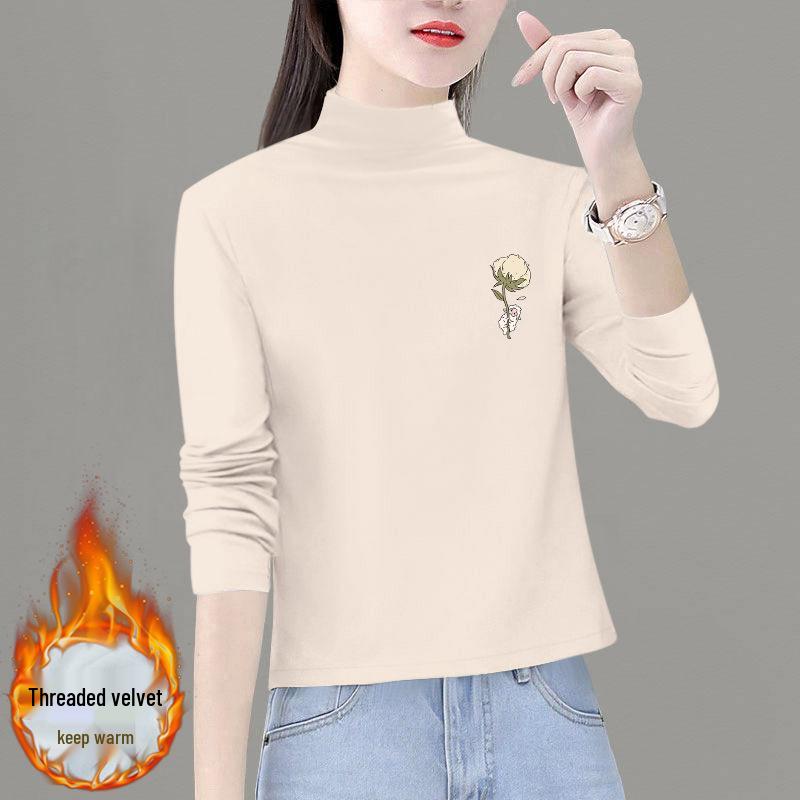 Women's Thermal Velvet Base Layer Top: Fleece-Lined, Semi-High Neck, Long Sleeve, Slim Fit, Warm & Trendy for Autumn/Winter