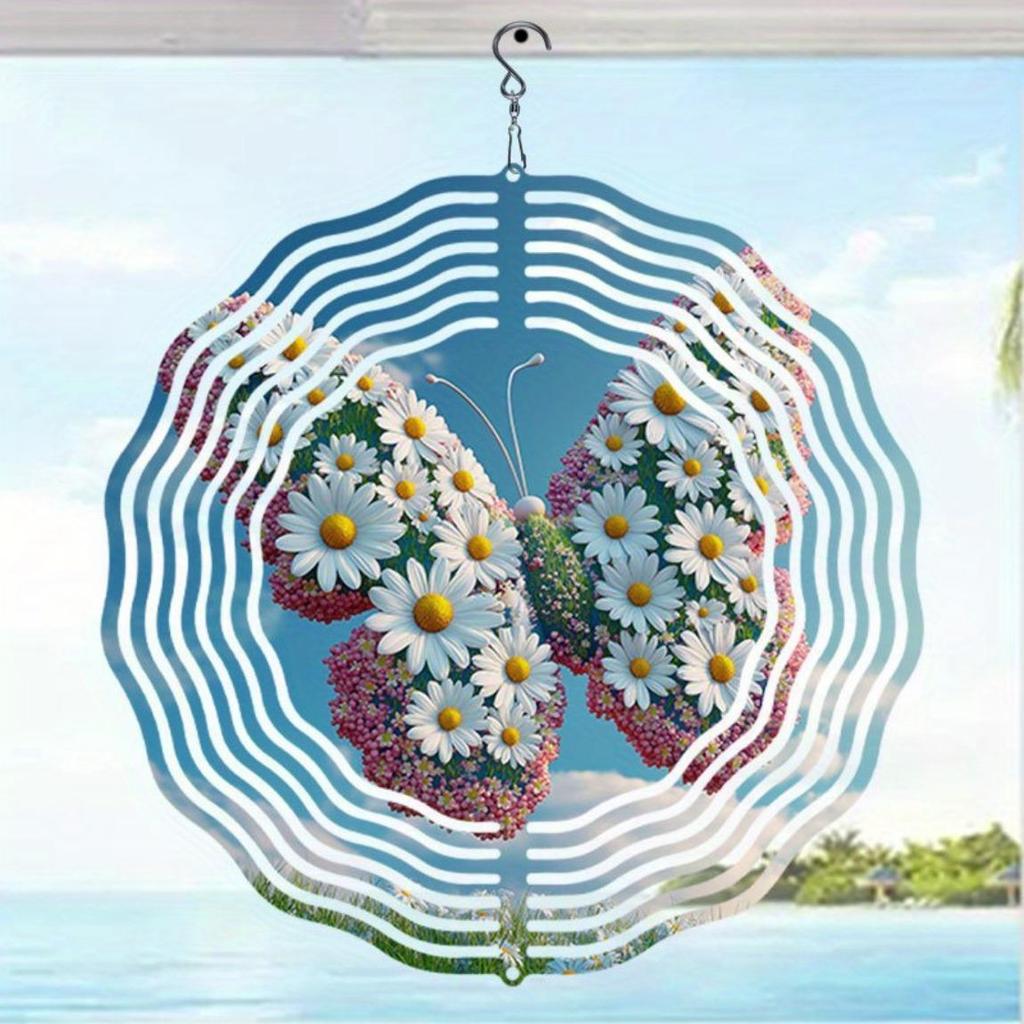 2D Metal Wind Chime with Daisy Butterfly Design for Outdoor Garden Patio Decor No Battery Needed Holiday Gift