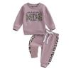 Toddler Girl Fall Clothes Letter Leopard Print Long Sleeve Pullover Strap Pants 2 Pcs Outfit