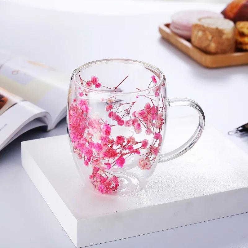 250ml / 350ml Double Wall Glass Cup Dry Flowers Insulated Flowers Espresso Cup Coffee Mugs Dual Layered Glass Cups Dried Flowers