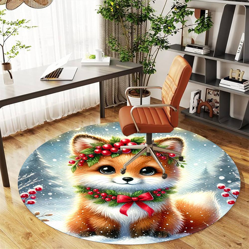 1pc Winter Fox Round Chair Mat Area Rug - Non-Slip, Floor Mat for Office, Bedroom, and Indoor Decor -1002095