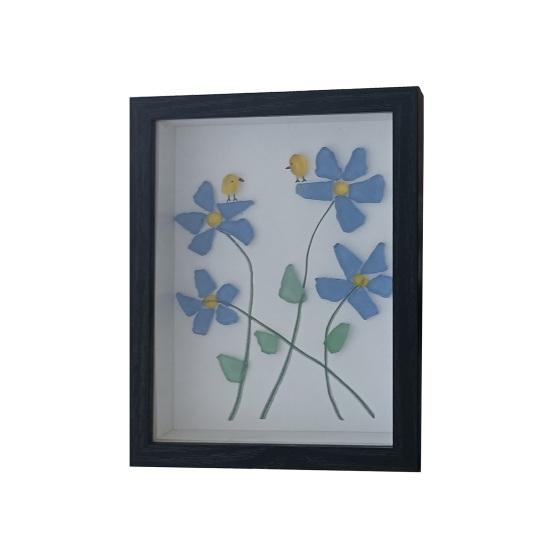 Yousheng Sea Glass Flower Birds Wall Art Handmade Sea Glass Decorative Photo Frame Gift for Mom Grandma Wife Girlfriend Friends
