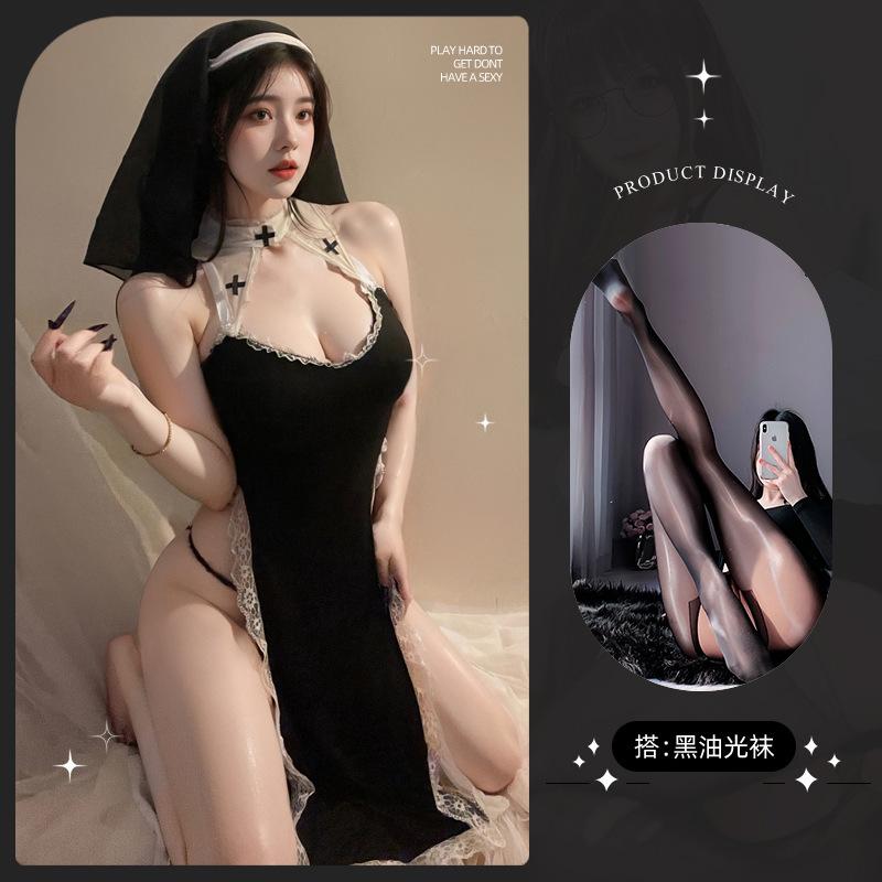 Erotic Lingerie Pure Lust Sexy Cosplay Free Nun High Slit Lace Dress Set