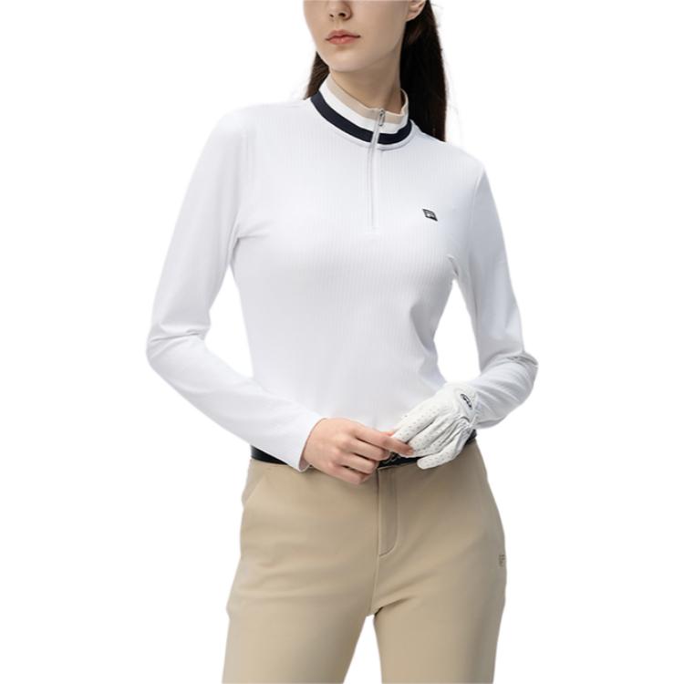 FILA Golf Series Comfortable Soft Stand Collar Long Sleeve T-Shirt Women Tops Jade-White A11W445221F-WT