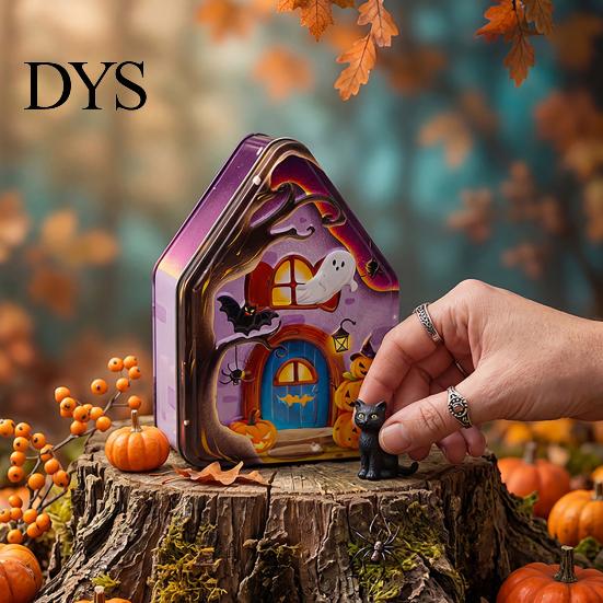 Decorative Metal Containers for Candies Halloween Tin Candy Box, Haunted House Pumpkin Bat Print Storage Jar Party Favor Boxes Favors, Small